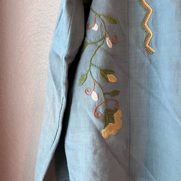 Mi Golondrina Mexico Embroidered Blue Yellow Floral Blouse Huipil Medium - Picture 6 of 8